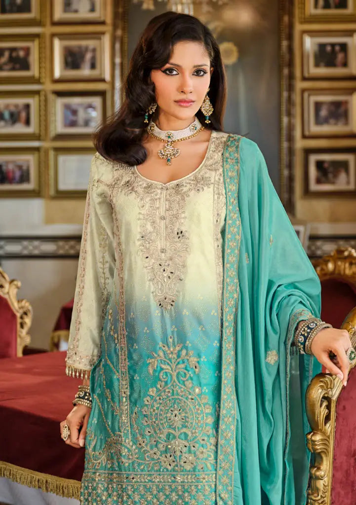 Sea Blue Chinon Embroidered Salwar Suit