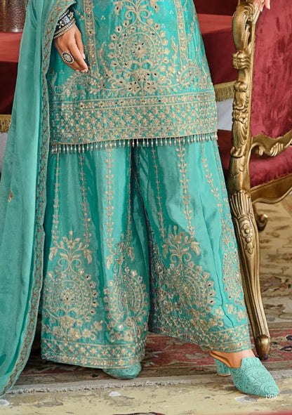 Sea Blue Chinon Embroidered Salwar Suit