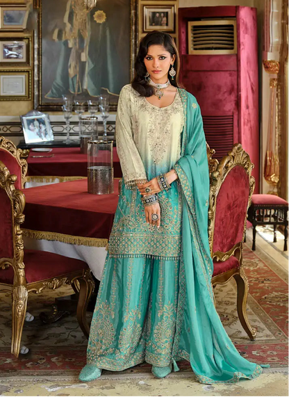 Sea Blue Chinon Embroidered Salwar Suit