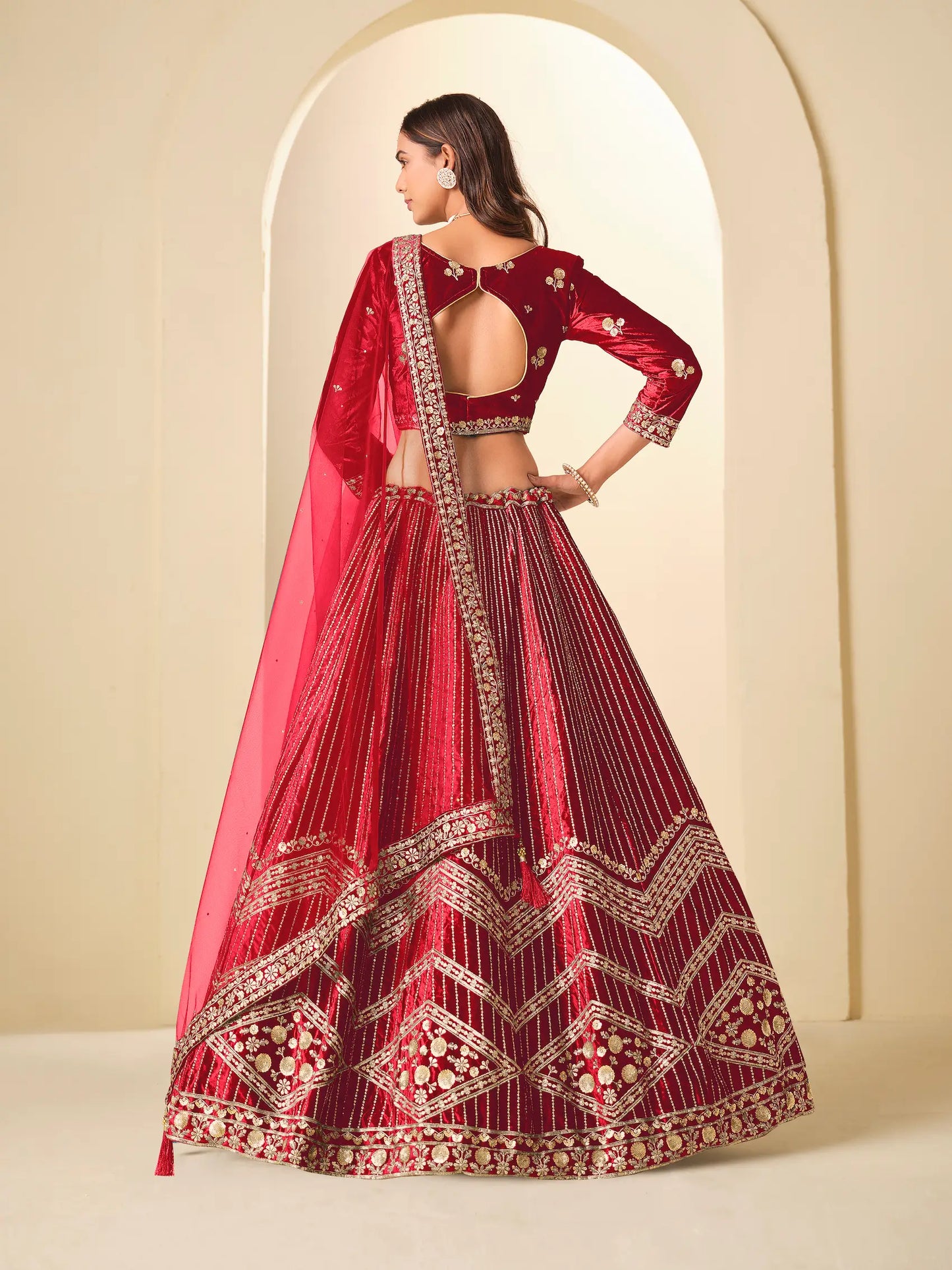 Chili Red Velvet Lehenga Choli With Embroidery