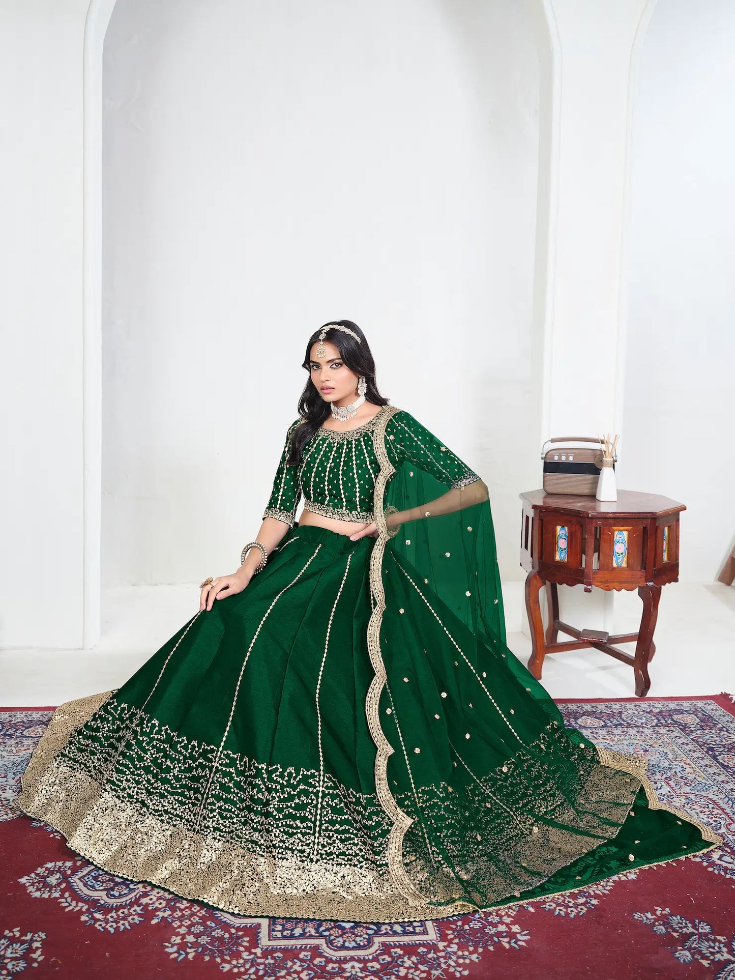 Dark Green Art Silk Embroidery Lehenga Choli