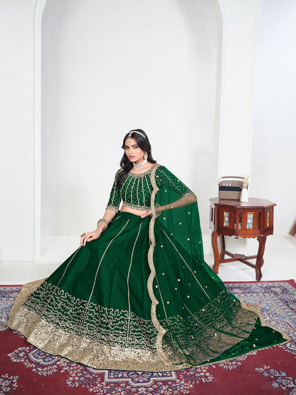 Dark Green Art Silk Embroidery Lehenga Choli