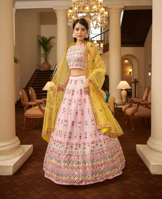 Light Pink Georgette Gota Patti With Thread Embroidered Work Lehenga Choli