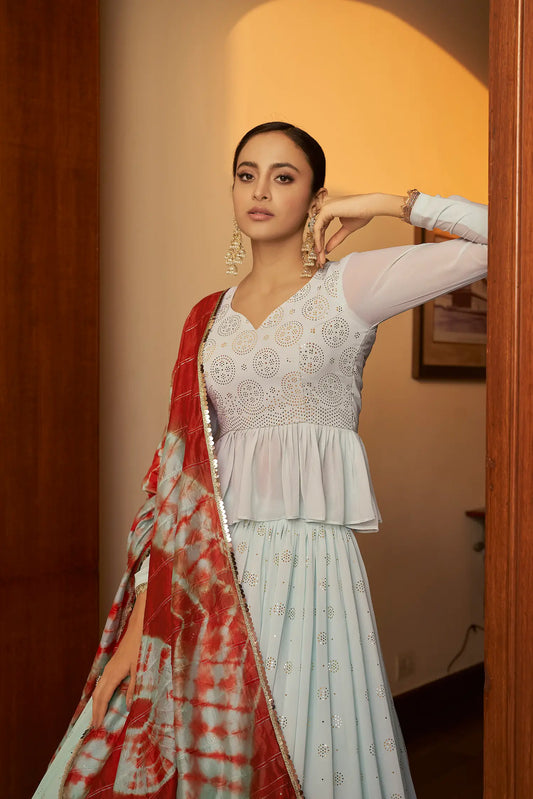 Sky Blue Georgette Embellished Mukaish Work LEhenga Choli
