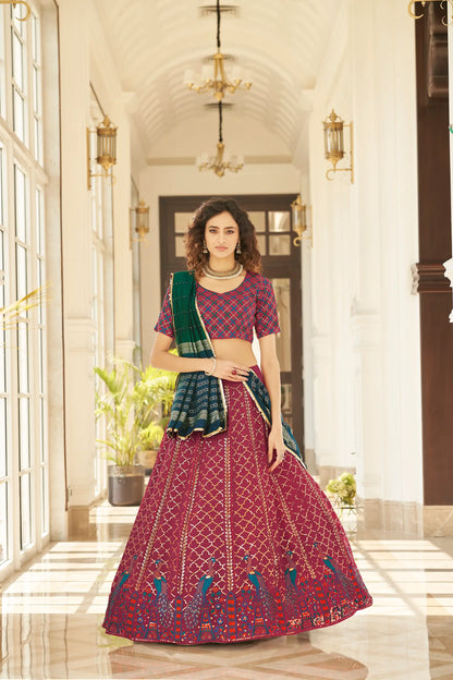 Maroon Thread With Sequins Embroidered Work With Printed Dupatta