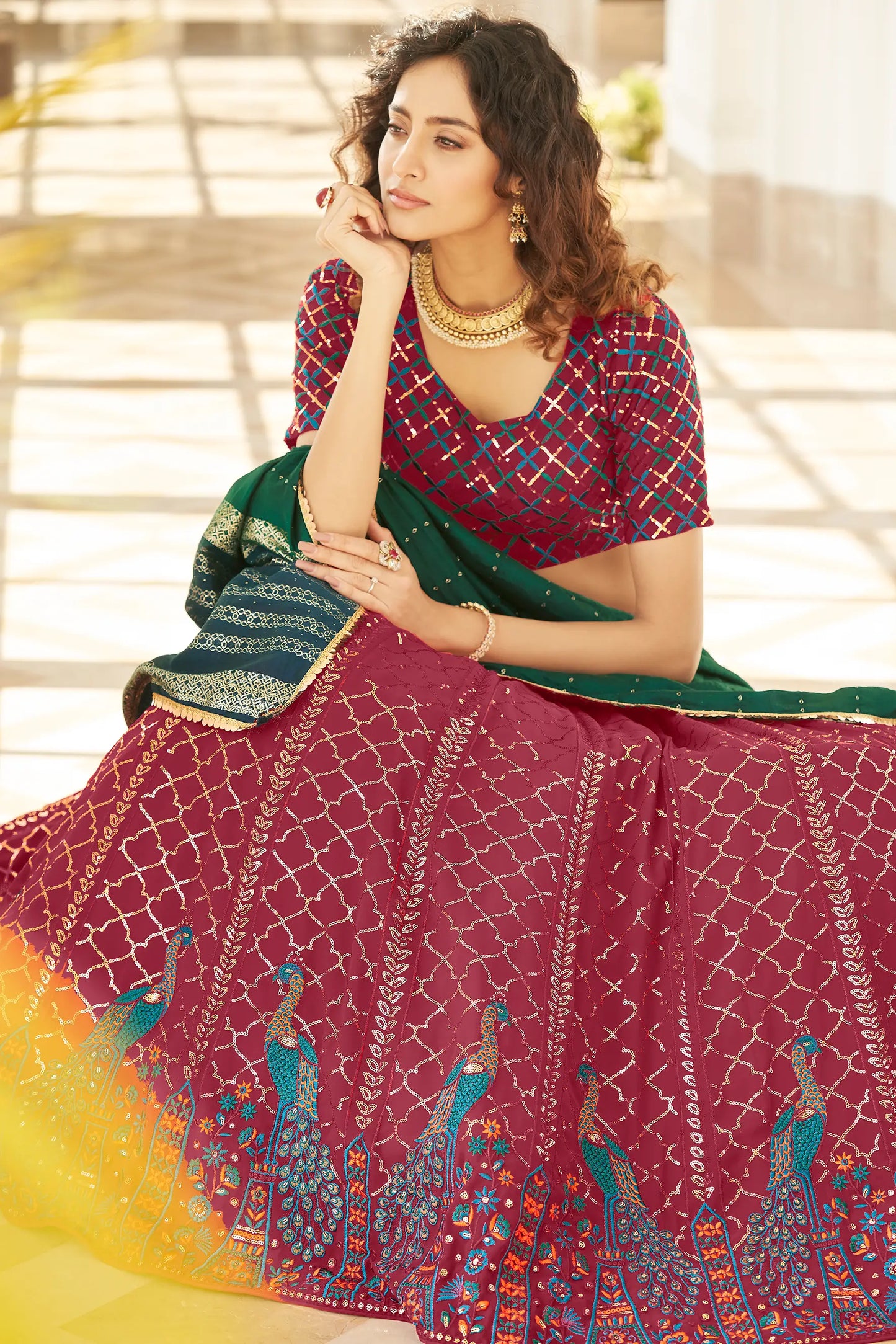 Maroon Thread With Sequins Embroidered Work With Printed Dupatta