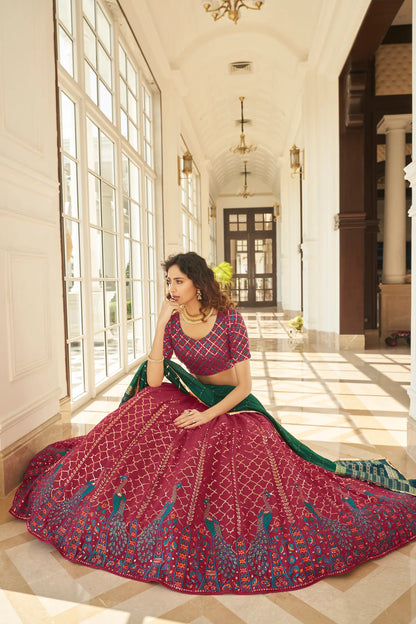 Maroon Thread With Sequins Embroidered Work With Printed Dupatta