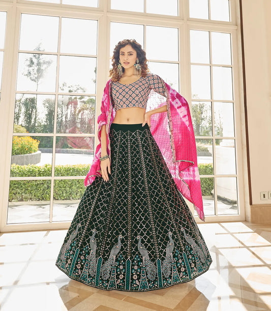 Green Georgette Thread & Sequence Embroidered Work Lehenga Choli