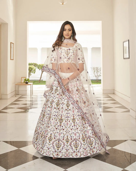 White Silk Thread with Sequence Embroidery Work Lehenga Choli