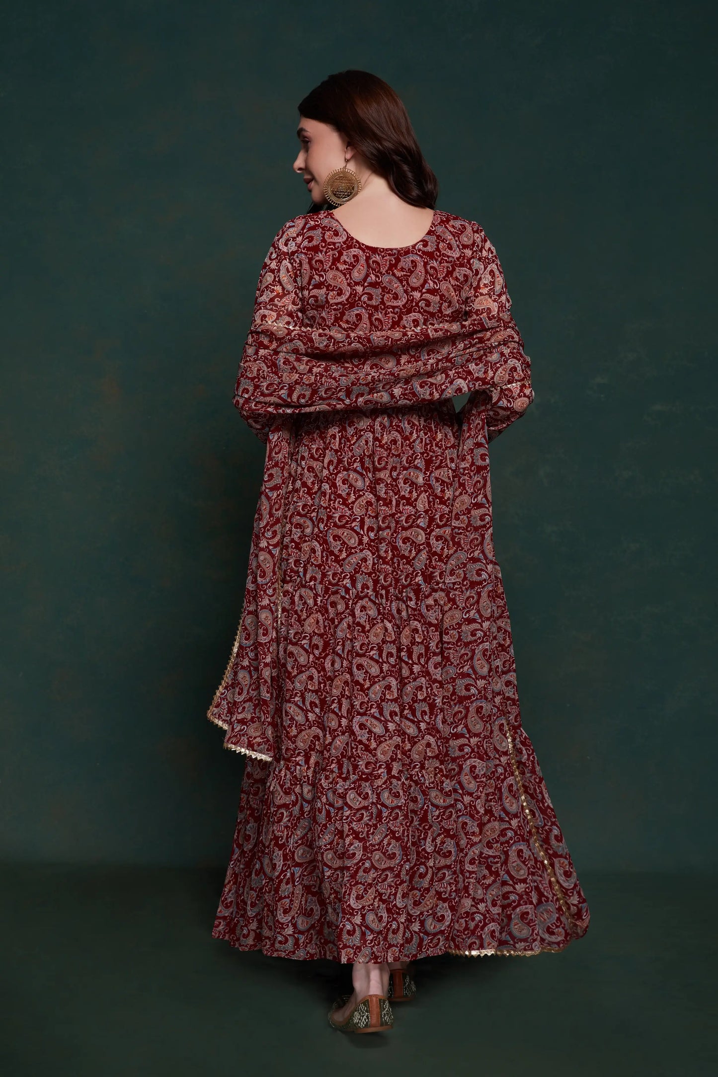 Maroon Printed Gown With Dupatta