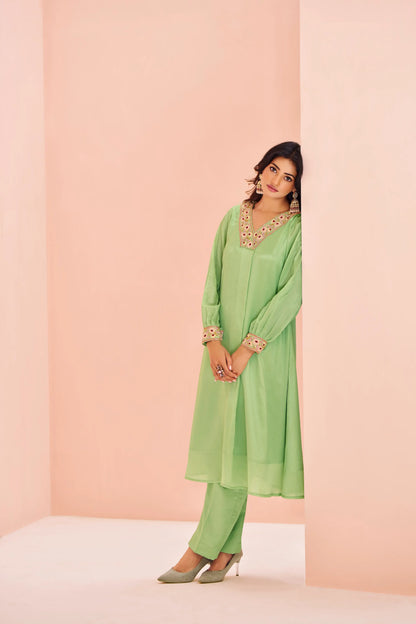 Pista Green Chinon Salwar Suit With Handwork