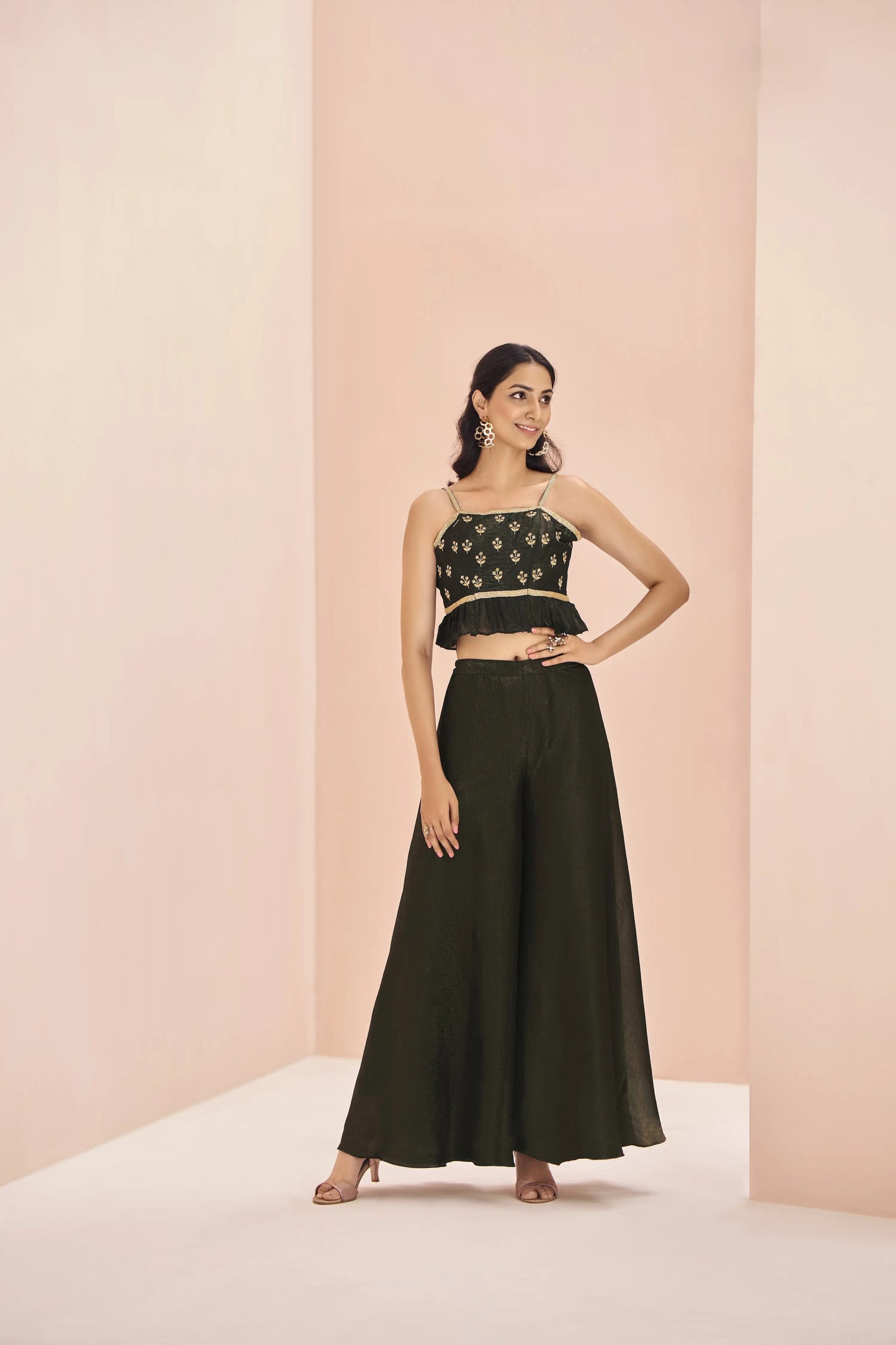 Black Art Silk Crop-Top With Handwork