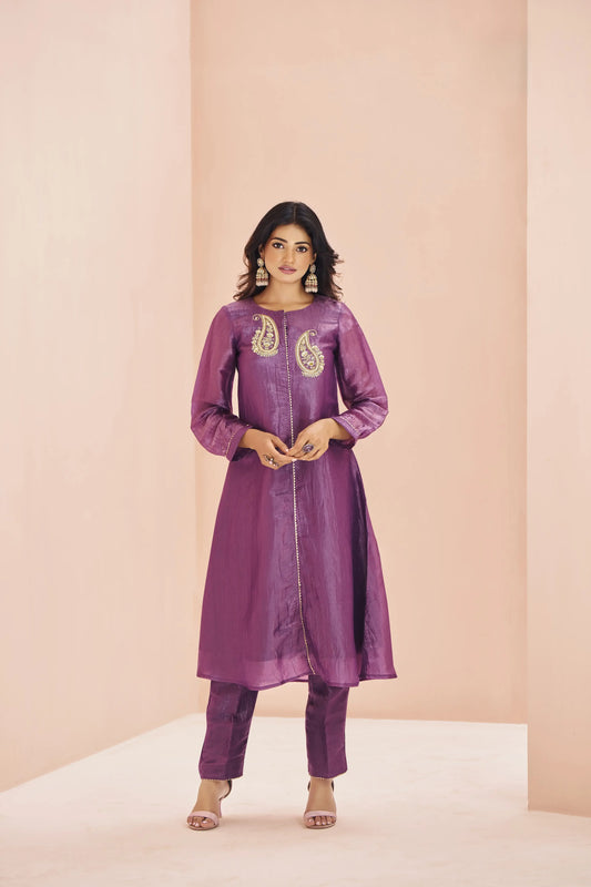 Purple Organza Salwar Suit With Handwork