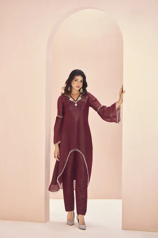 Maroon Organza Salwar Suit With Handwork