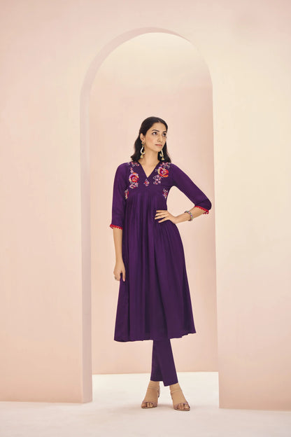 Wine Organza Salwar Suit With Handwork