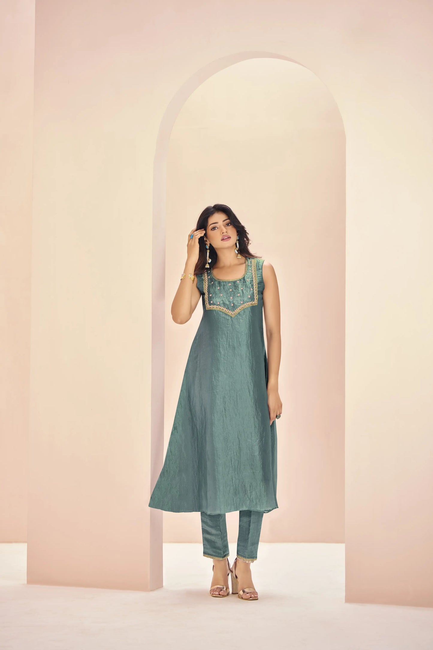 Aqua Green Organza Salwar Suit With Handwork