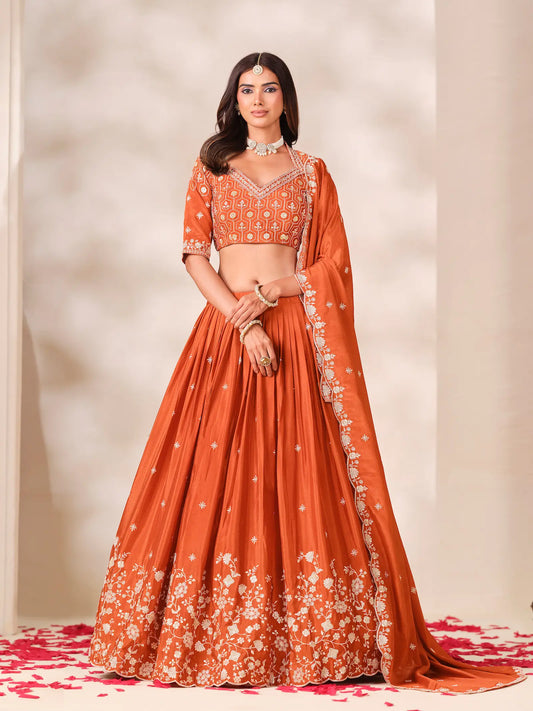 Orange Lehenga Choli With Embroidery Work