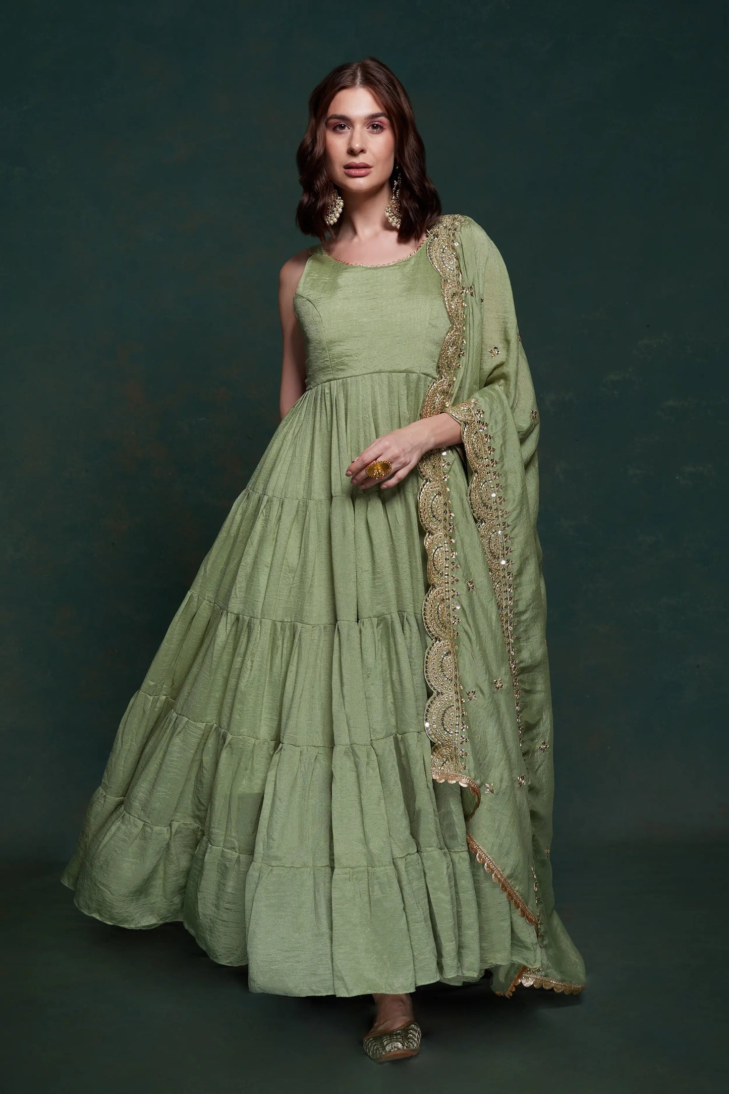 Pista Georgette Gown With Dupatta