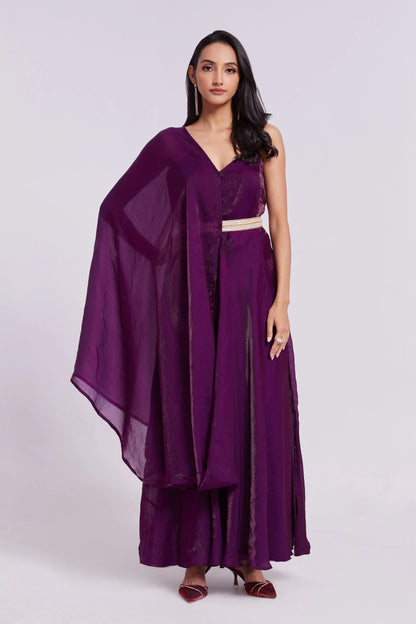 Wine Pure Organza Gown With Dupatta