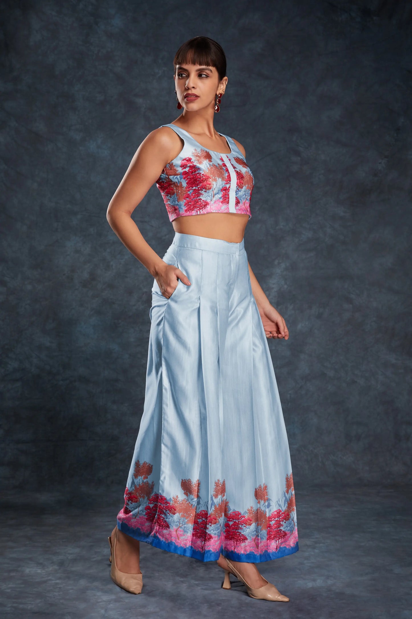 Sky Blue Printed Satin Co-ord Set