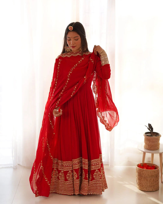 Red Embroidery Georgette Gown With Dupatta