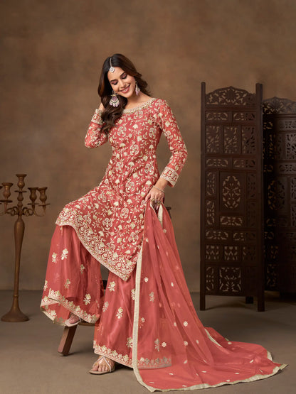 Pastel Red Net Embroidery Palazzo Suit