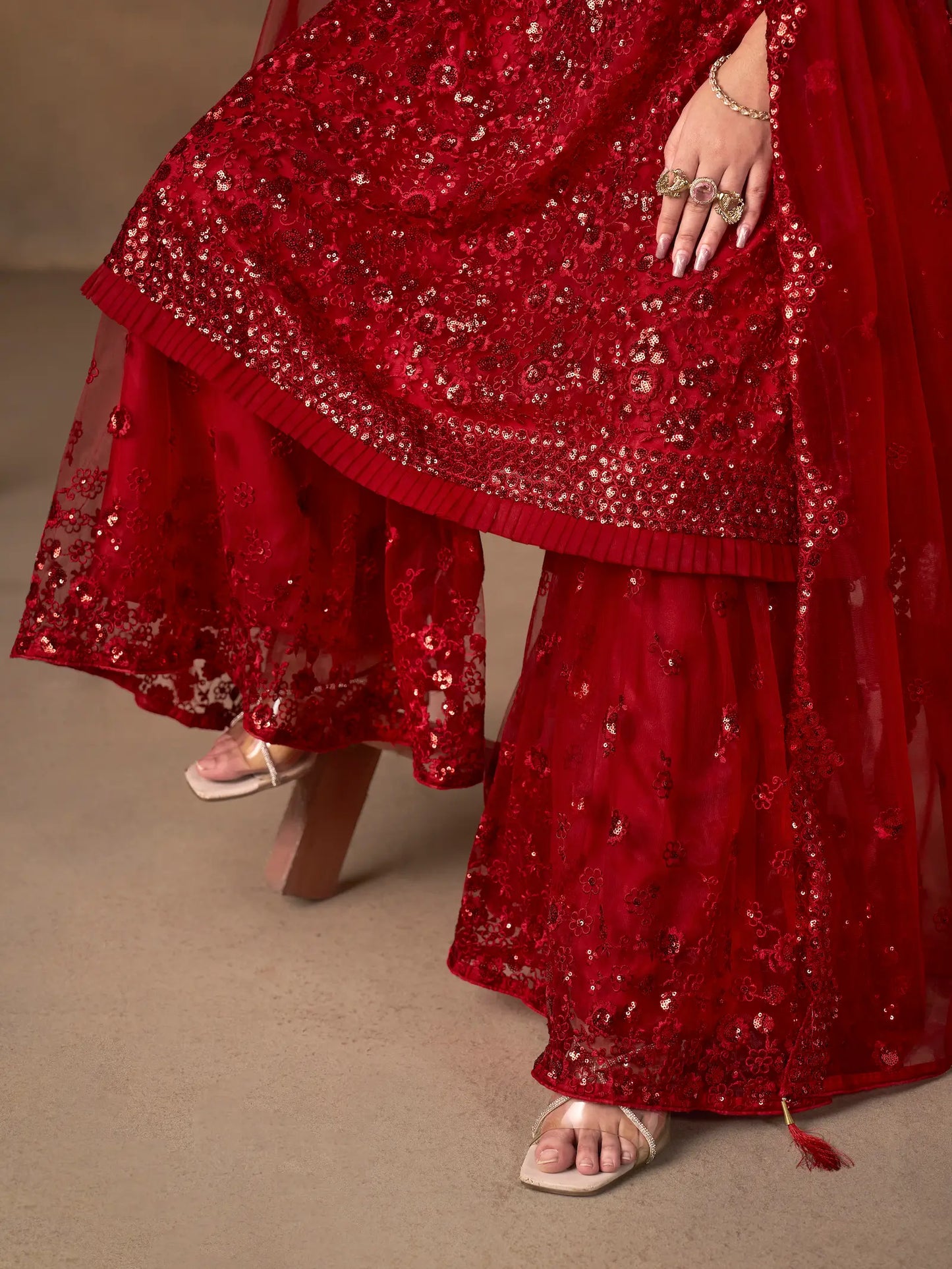 Red Net Embroidery Work Sharara Set