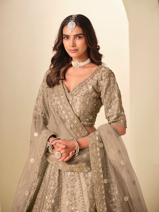 Sand Brown Art Silk Embroidered Lehenga Choli