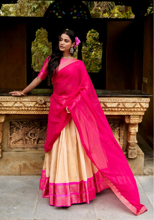 Light Beige Kanchipuram Half Saree Lehenga
