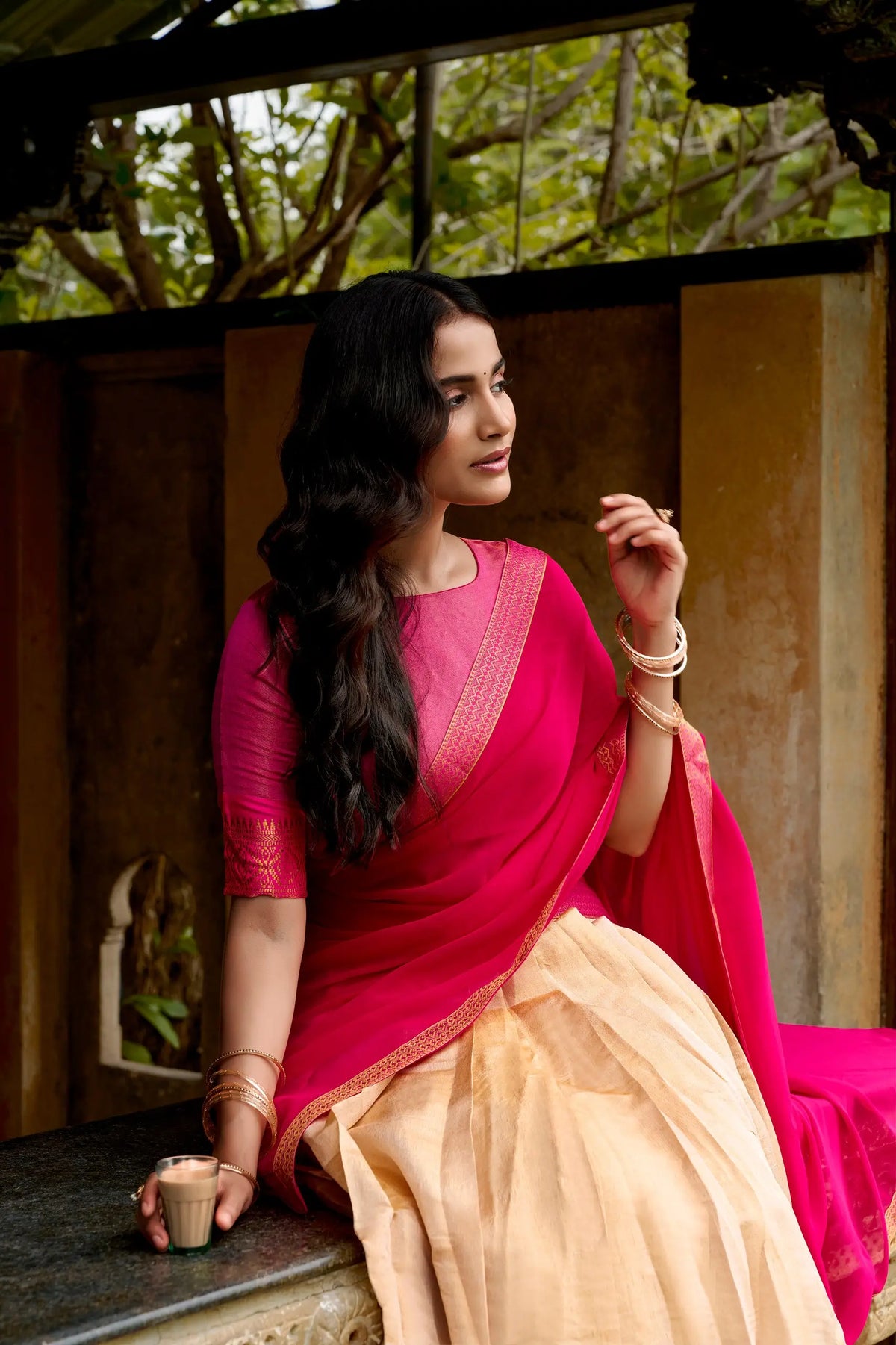 Light Beige Kanchipuram Half Saree Lehenga