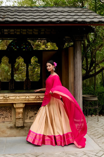 Light Beige Kanchipuram Half Saree Lehenga