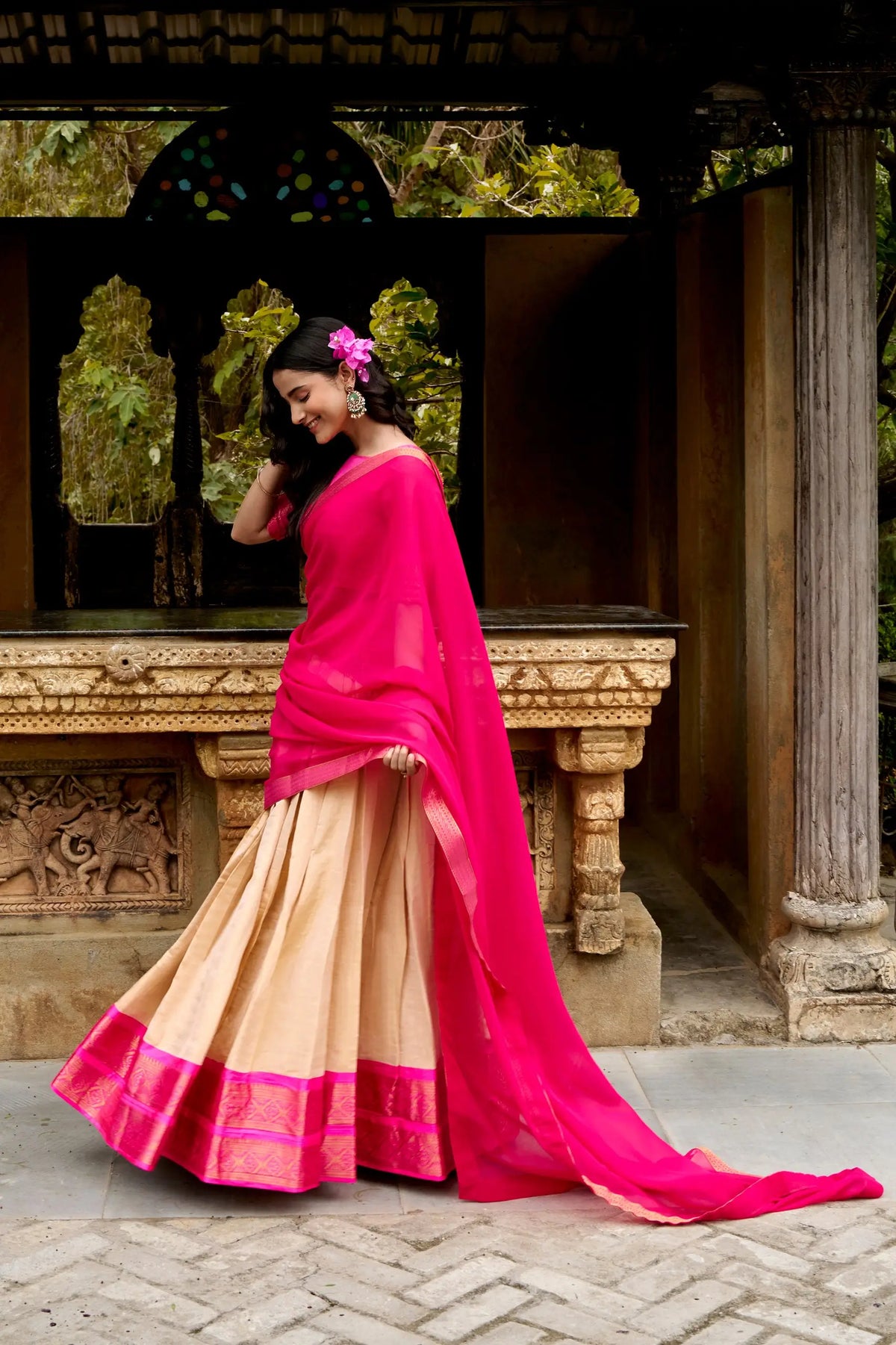 Light Beige Kanchipuram Half Saree Lehenga