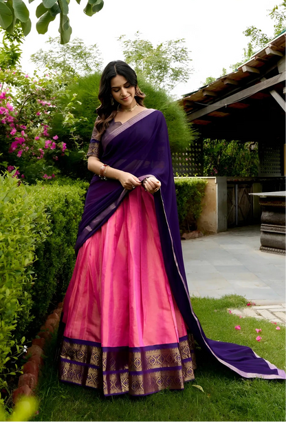 Tulip Pink Kanchipuram Half Saree Lehenga