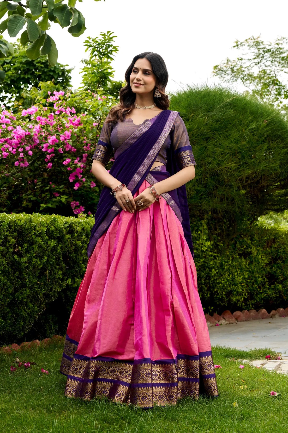 Tulip Pink Kanchipuram Half Saree Lehenga