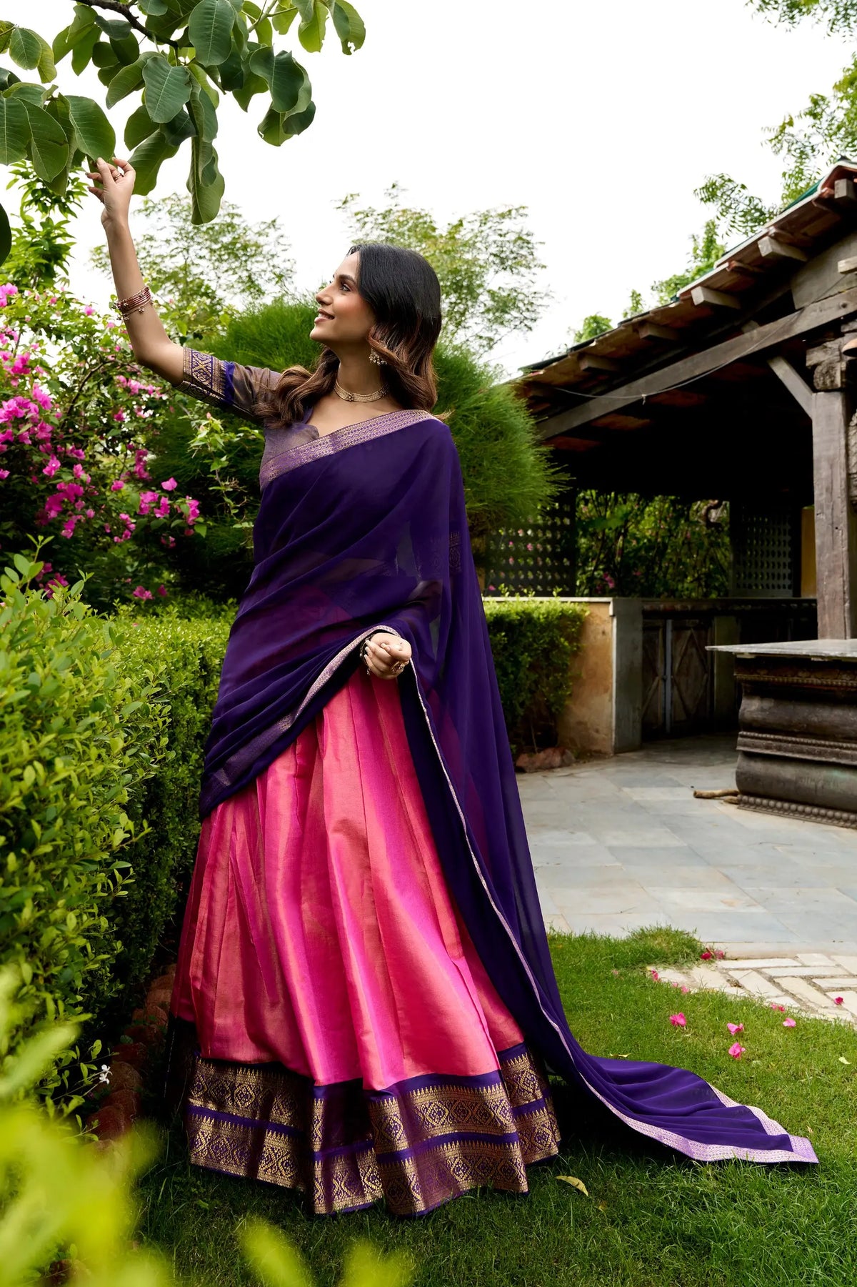Tulip Pink Kanchipuram Half Saree Lehenga