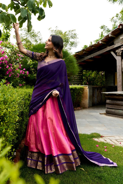 Tulip Pink Kanchipuram Half Saree Lehenga