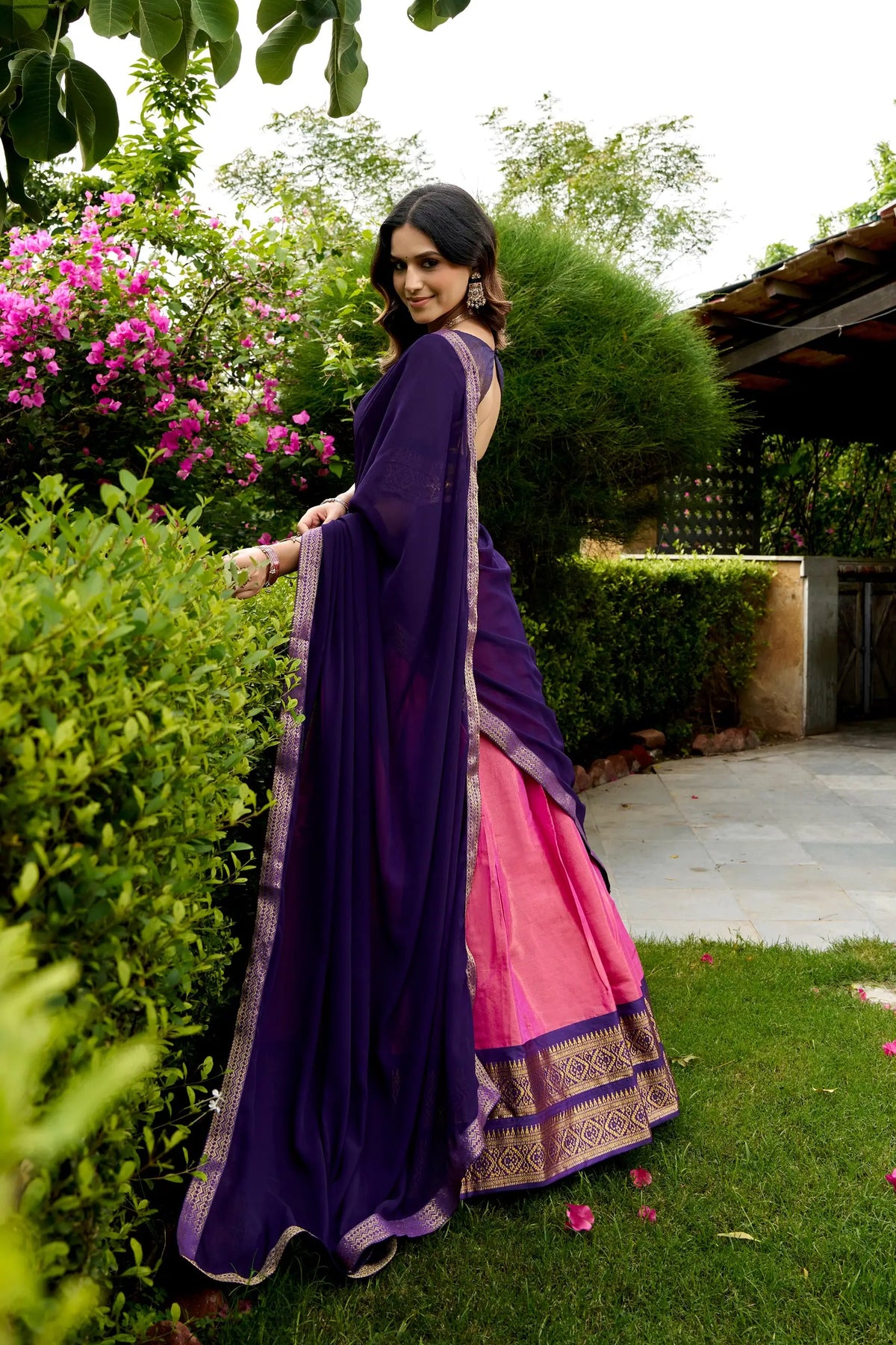 Tulip Pink Kanchipuram Half Saree Lehenga