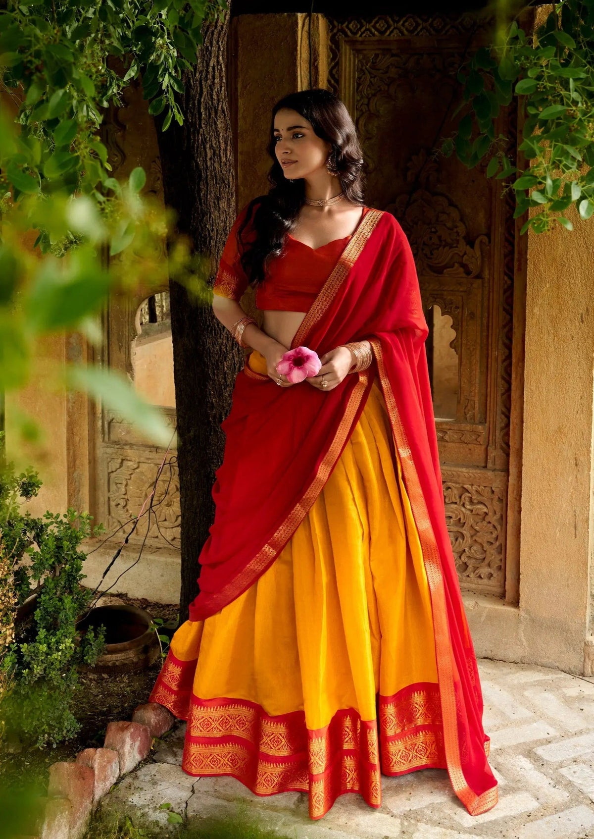Haldi Yellow Kanchipuram Half Saree Lehenga