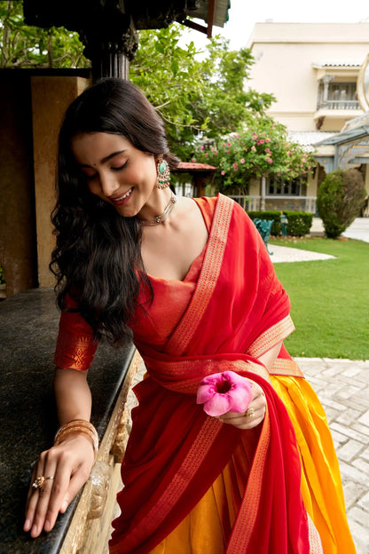 Haldi Yellow Kanchipuram Half Saree Lehenga