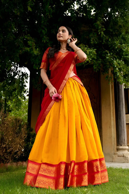 Haldi Yellow Kanchipuram Half Saree Lehenga