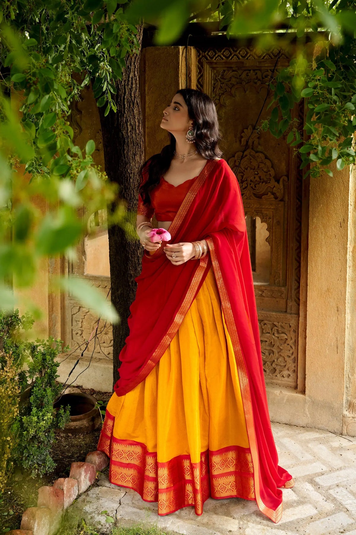 Haldi Yellow Kanchipuram Half Saree Lehenga