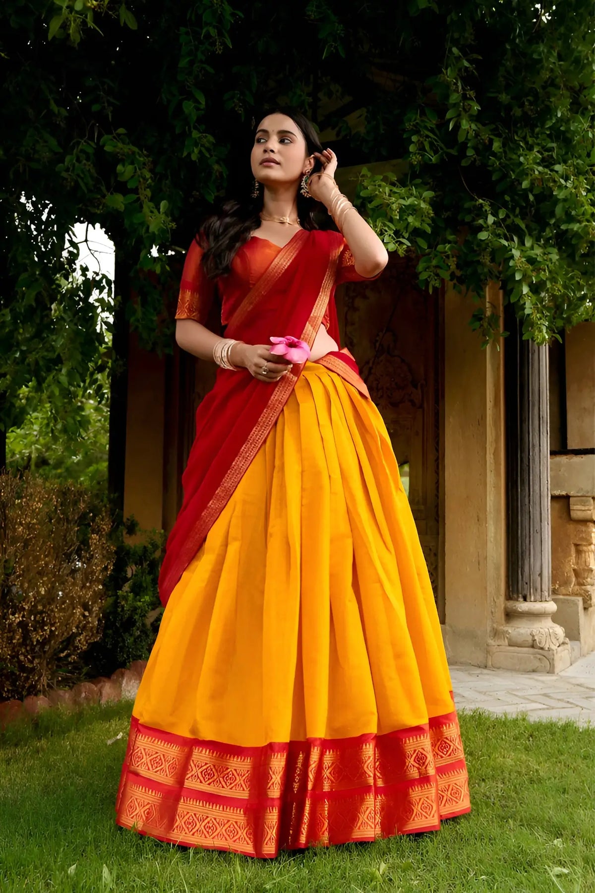 Haldi Yellow Kanchipuram Half Saree Lehenga