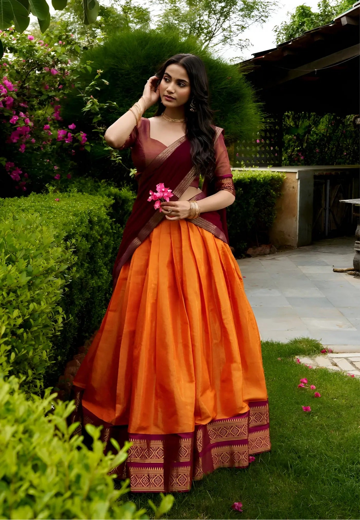 Rust Orange Kanchipuram Half Saree Lehenga