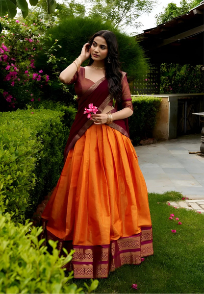 Rust Orange Kanchipuram Half Saree Lehenga