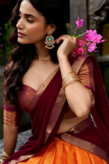 Rust Orange Kanchipuram Half Saree Lehenga