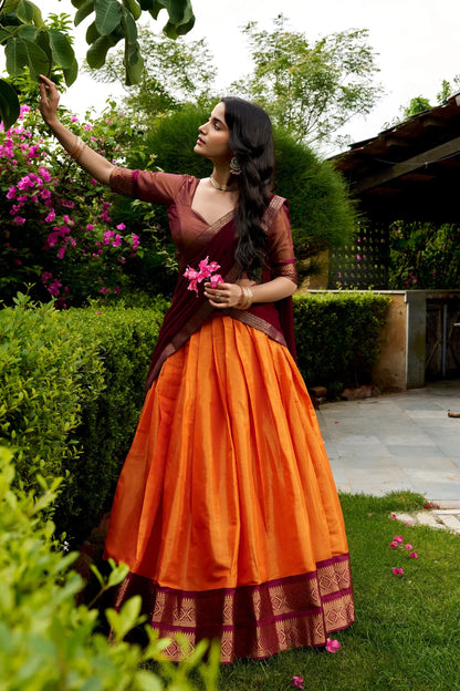 Rust Orange Kanchipuram Half Saree Lehenga