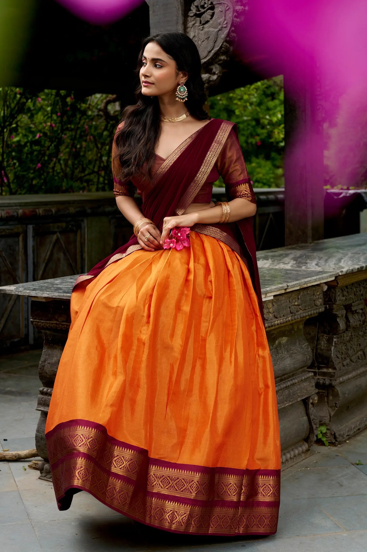 Rust Orange Kanchipuram Half Saree Lehenga