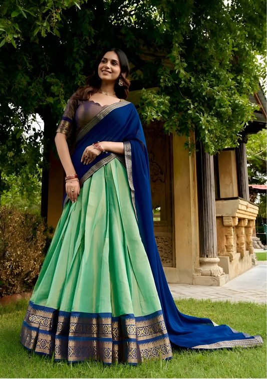Mint Green Kanchipuram Half Saree Lehenga