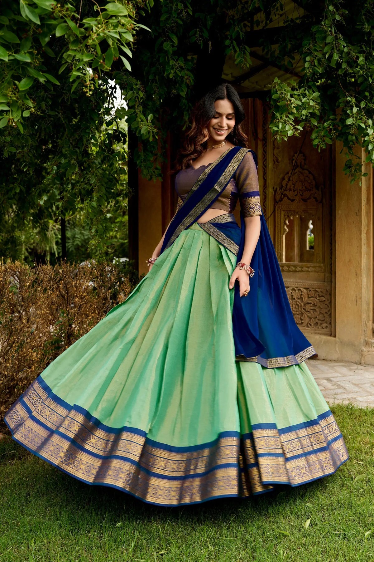 Mint Green Kanchipuram Half Saree Lehenga