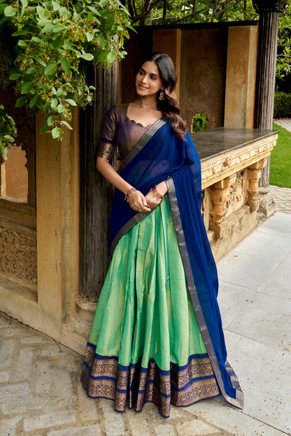 Mint Green Kanchipuram Half Saree Lehenga
